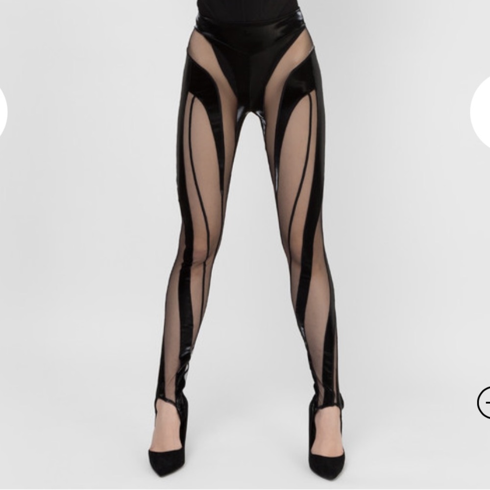 New $995 Mugler Illusion Spiral Stirrup Patent Leather Leggings sz 34 = 2 Black